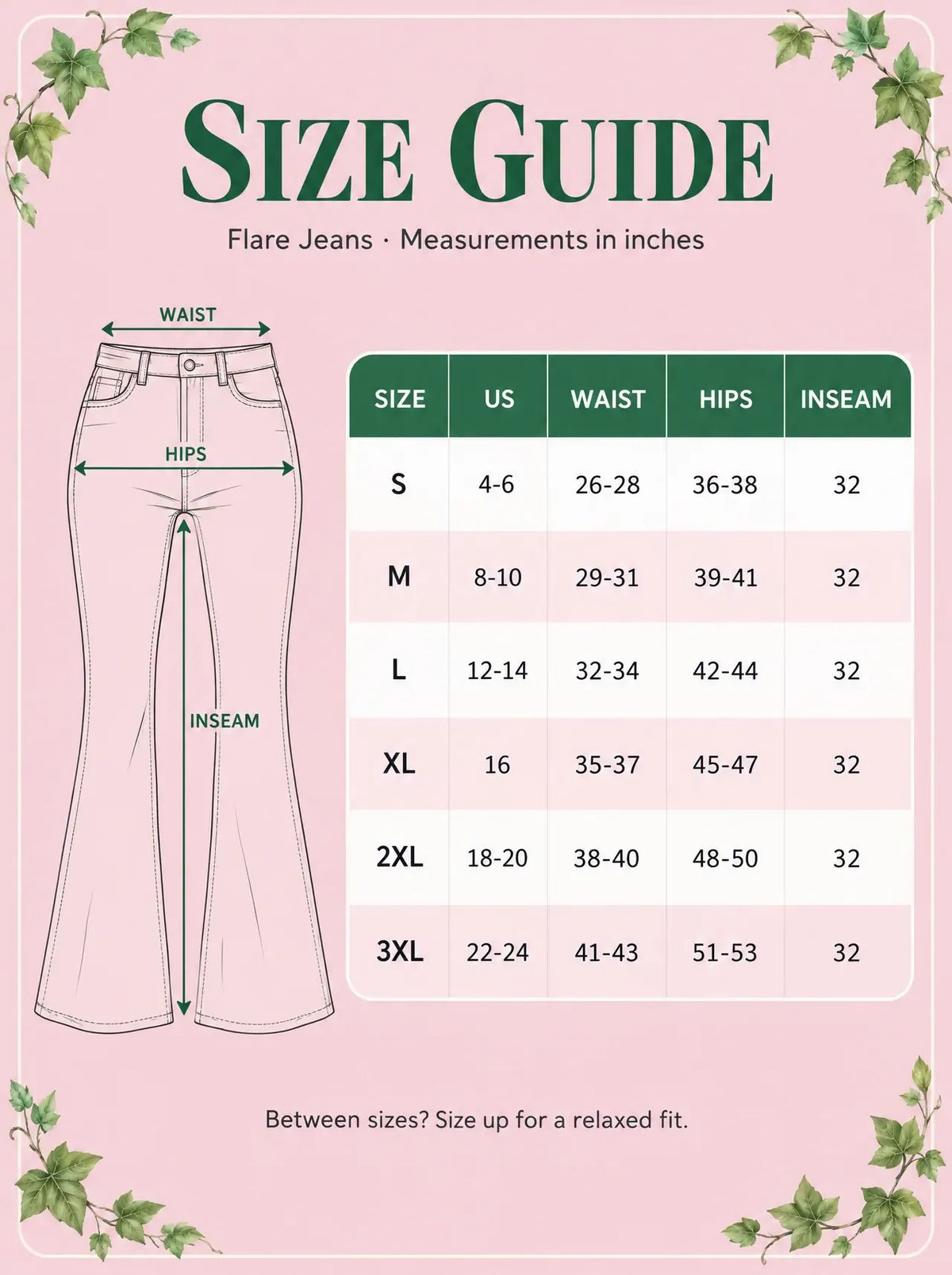 Size guide: S to 3XL, waist, hips and inseam in inches